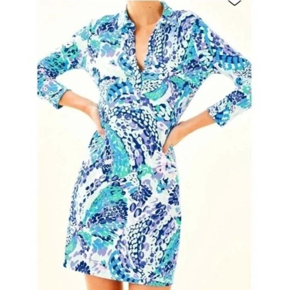 Lilly Pulitzer Sophie Dress Blue Green Abstract Print Button Front XXS 000697
